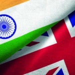 United Kingdom and India two flags together textile cloth fabric texture
