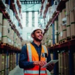 Low angle view of young african man wearing reflective jacket holding digital tablet standing in factory warehouse smiling