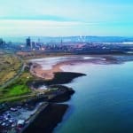 Drone point of view of coastline around Tees estuary, South Gare, Redcar, Teeside, England, Britain